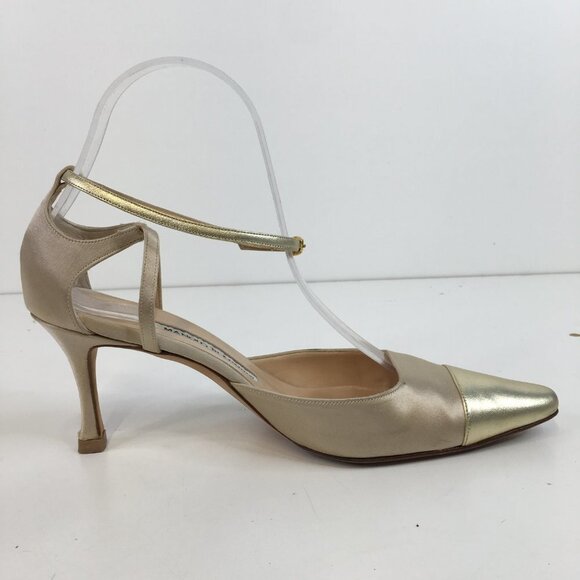 Manolo Blahnik Golden Cap Toe Ankle Strap Pumps Size 37.5 - Picture 5 of 15